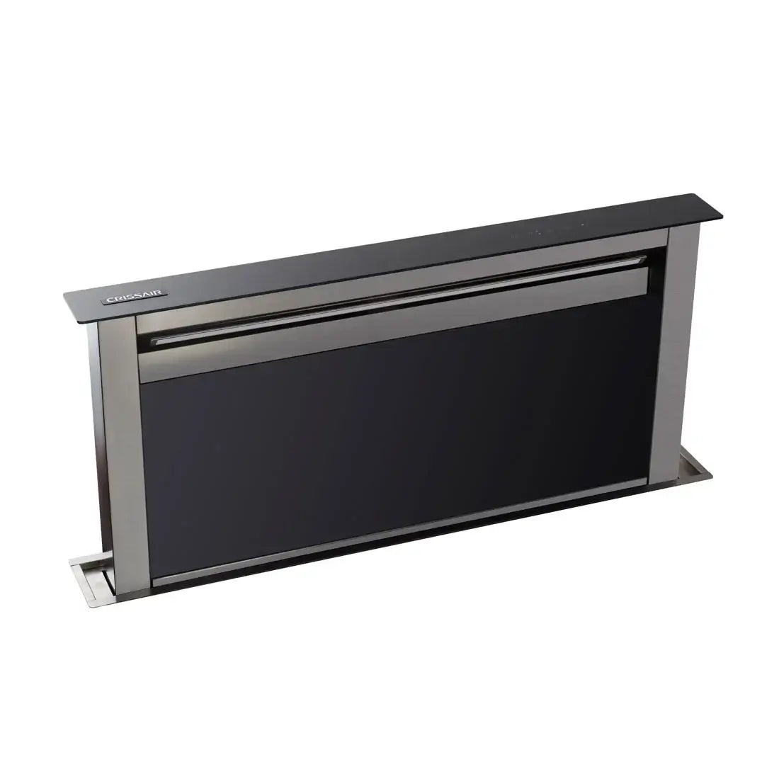 Coifa de Bancada CrissAir Dowdraft Inox e Vidro 90cm: coifa de bancada embutida em inox e vidro preto slim com painel touch e iluminação LED